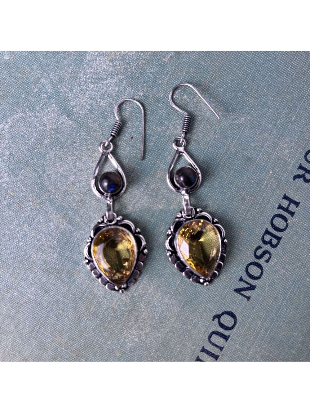 Sterling Coated Citrine Teardrop Earrings